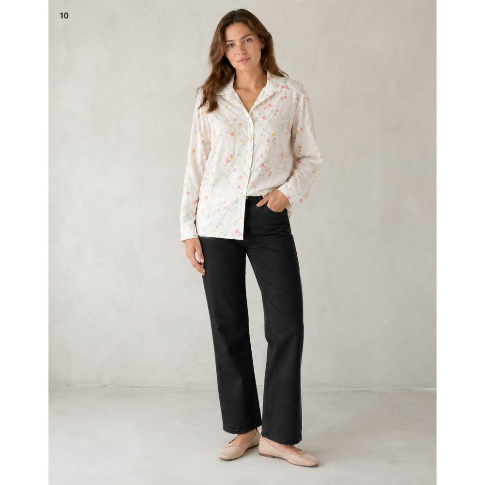 Lands' End Button Front Shirt Womens Plus 20W White Floral Print Supima Cotton